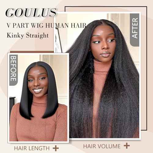 Kinky Straight V Part Wig Human Hair 20 Inch V Part Wig For Women with Drawstring 180% Density Upgrade Glueless U Part Wig No Leave Out No Sew In Kinky Straight Human Hair Wigs Natural Black