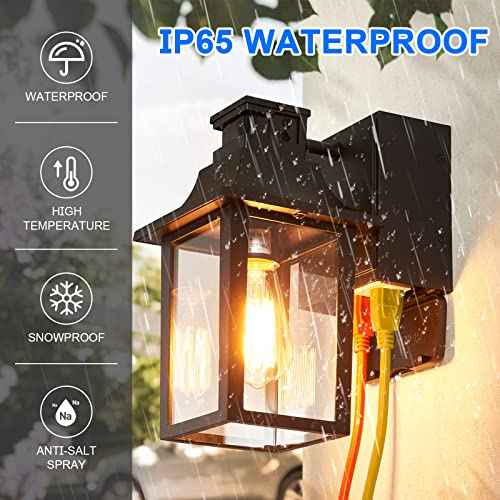 2 Pack Porch Light with GFCI Outlet,Dusk to Dawn Motion Sensor Outdoor Light,Black Front Door Lights,Waterproof Exterior Fixture,Outside Wall Lamp for House Patio Garage