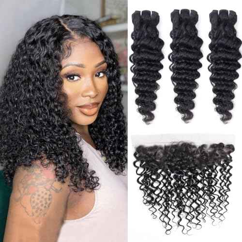Odir Deep Wave Hair Bundles with 13x4 Frontal Brazilian Human Hair Deep Curly Hair 3 Bundles with Lace Frontal 14 16 18+12 Inch 9A Unprocessed Virgin Hair Natural Color