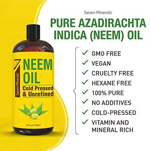 Seven Minerals Pure Cold Pressed Neem Oil - Big 32 fl oz Bottle - Non-GMO, Hexane Free, 100% Pure Neem Oil for Plants Spray, Skincare, & Haircare. Treats Dry Skin, Wrinkles, & Promotes Hair Growth
