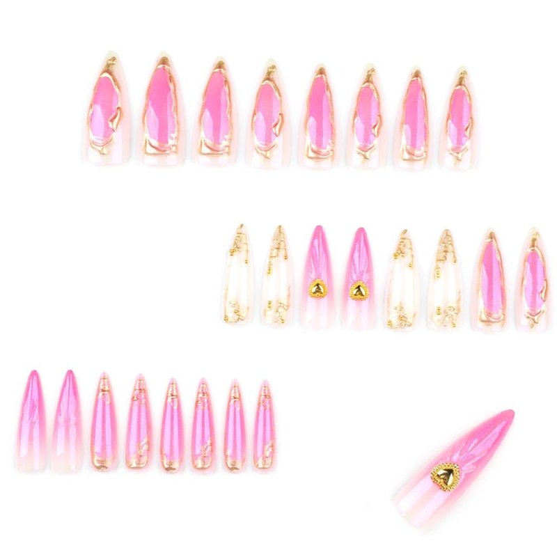 Foccna Long Press on Nails Almond Fake Nails White French Tip False Nails with Gold Line Design Glue on Nails Acrylic Nails Glossy Full Cover Stick on Nails for Women 24Pcs