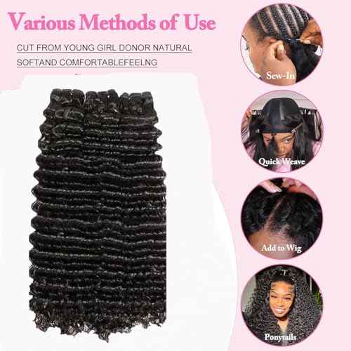Deep Wave Human Hair Bundles 12A 18 20 22 Inch, 3 Bundle 100% Unprocessed Virgin Brazilian Human Hair Extensions Quick Weave Natural Black, Can be Dyed