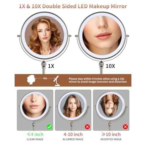 9" Lighted Makeup Mirror,1X/10X Magnifying Vanity Mirror with Height & Brightness Adjustable,Rechargable Makeup Mirror,360¡ÆRotation Double Sided Standing Desk Mirror (Satin Nickel)
