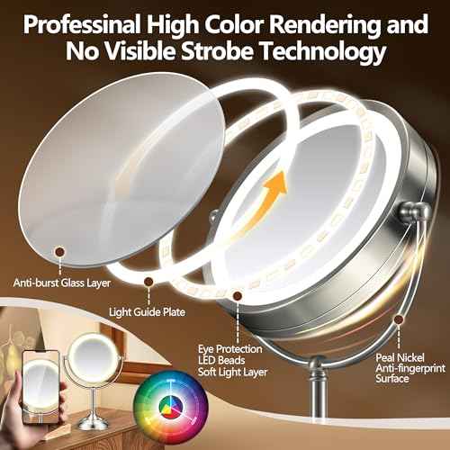20x Large Lighted Makeup Mirror, Rechargeable 9" Magnifying Makeup Mirror, 30-Minute Timer,3 Color Modes, Adjustable Brightness, No Assembly Required, 360¡Æ Rotation Cosmetic Mirror, Pearl Nickel