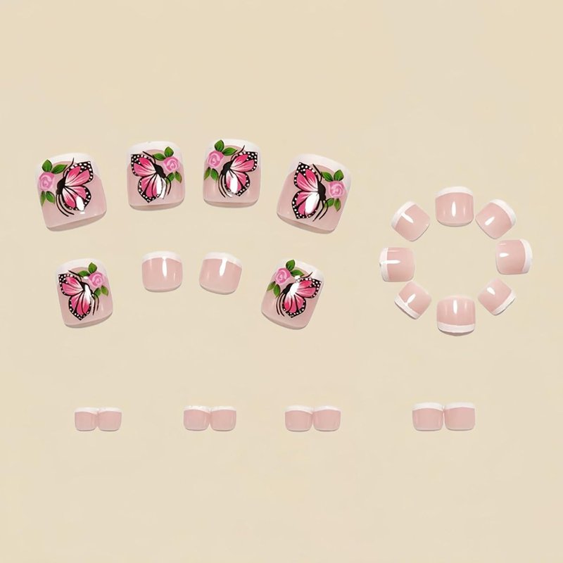 Press-On Toenails - Spring Butterfly Flowers Full Cover Glossy White Square Tips | 24PCS for Women