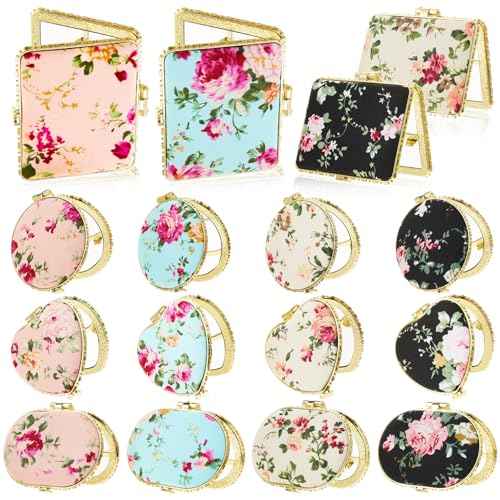 16 Pcs Compact Mirror Bulk Mini Mirror for Purse Small Pocket Mirror for Women Girls Floral Tea Party Favors for Makeup Travel Wedding