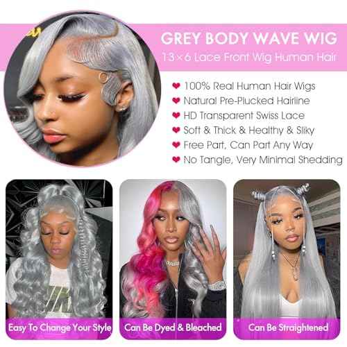 13x6 Grey Lace Front Wigs Human Hair Pre Plucked with Baby Hair 180 Density Glueless HD Transparent Lace Frontal Body Wave Wigs Human Hair for Black Women Silver Grey Colored Wig 22 Inch