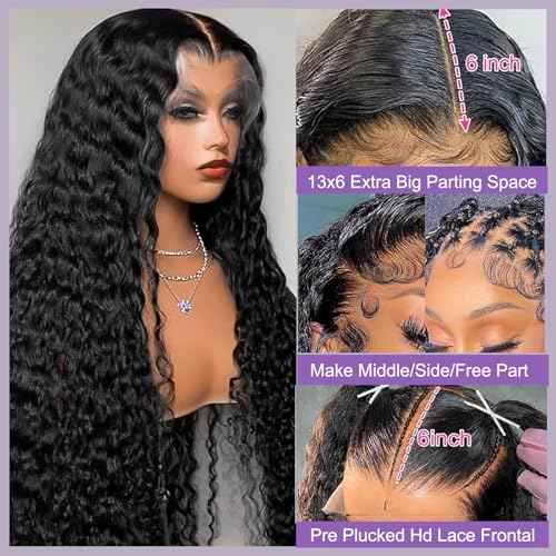 13x6 Deep Wave Lace Front Wigs Human Hair True 200 Density Pre Plucked Deep Wave Wig Human Hair 12A Glueless Wet and Wave Curly Lace Frontal Wigs For Women (Black, 22 Inch)