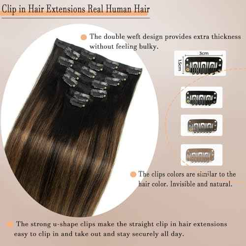Dark Highlight Clip in Hair Extensions Ombre Real Human Hair Natural Black Mix Chestnut Brown 18 Inch 7pcs 120g Remy Human 16 Clips Ins Double Weft Straight Hair Extensions for Woman