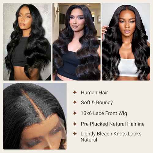 28 Inch Body Wave Lace Front Wigs Human Hair With Baby Hair 13x6 Hd Lace Frontal Wigs Pre Plucked Black Body Wave Wig Human hair 220% Density Long Black Lace Front Wigs For Women