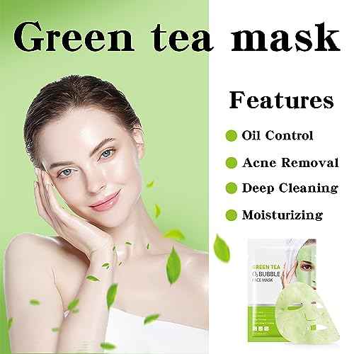 IREV 10 Pack Green Tea O2 Bubble Face Masks Sheet, Bubble Facial Mask, Foaming Face Mask, Purifying Facial Mask for Acne and Pores, Moisturizing Spa Face Masks Skincare, Brightening Beauty Masks