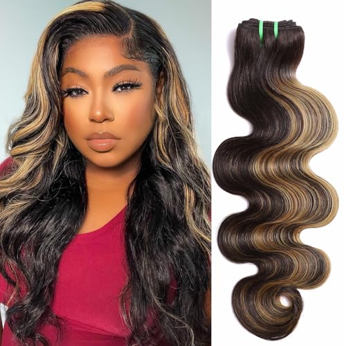 13A Double Drawn FB/27 Human Hair Bundles Body Wave Blonde Highlight Color, Honey Blonde with Black Single Bundle Human Hair 100% Unprocessed Hair Colored Single Bundle Wavy Sew In 10 Inch