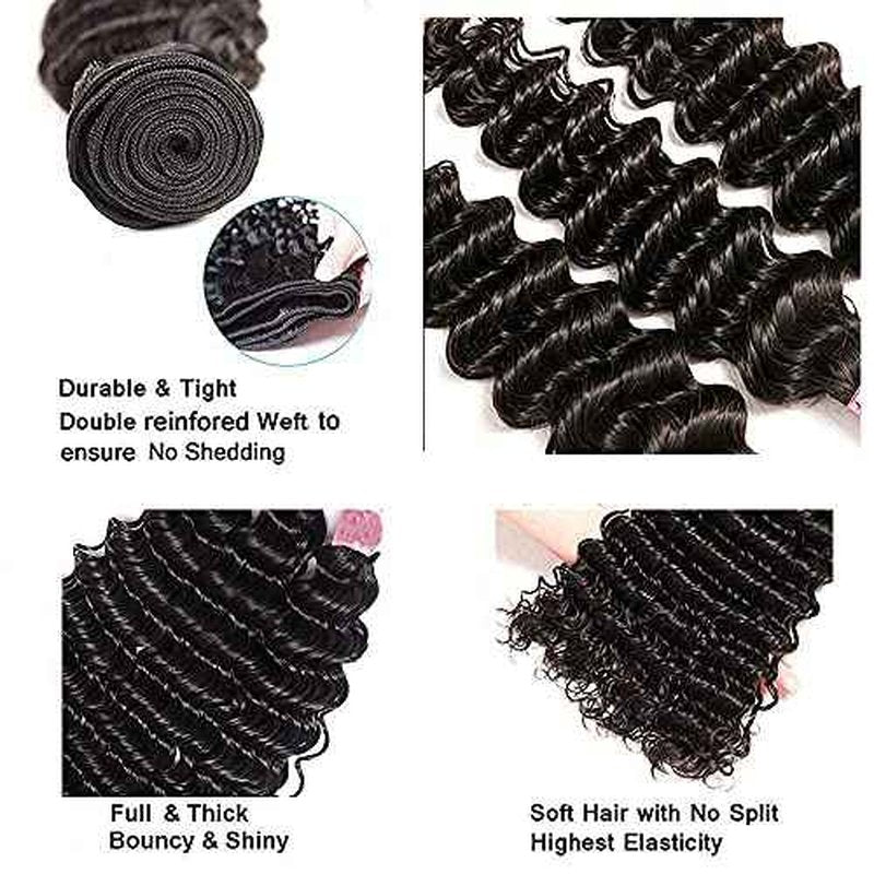 #1B Human Hair Bundles Deep Wave Bundles 30 32 34 Inch Unprocessed Brazilian Virgin Hair Weave 3 Bundles Deep Wave Human Hair Extensions Natural Color Bundle 50 Grams Per Bundle For Woman