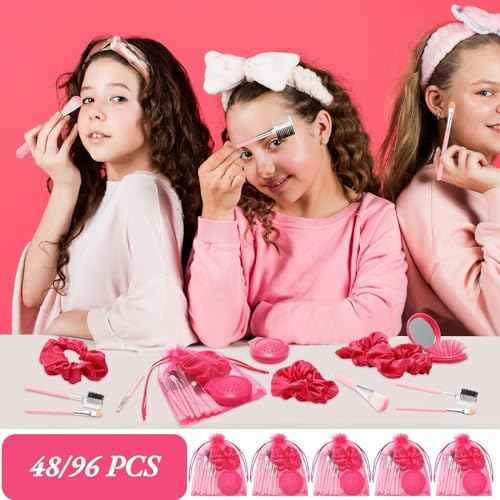 Pink Girl Party Favors Girl Makeup Party Favor Party Supplies Set Includes Pink Gauze Bags, Hair Scrunchies, Foldable Mirror Hair Brushes, Makeup Brushes Toys(48 Pcs)