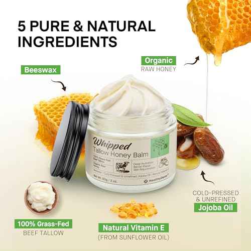 Beef Tallow Honey Balm for Skin: 100% Grass Fed Whipped Organic Moisturizer with Organic Raw Honey, Jojoba Oil, Vitamin E ? Natural Face and Body Care for Mature, Dry or Sensitive Skin, 2oz