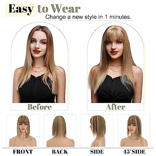 SEGO Hair Toppers for Women With Bangs Real Human Hair, 130% Density 10 * 12CM Silk Base Clip in Top Wiglet Hairpieces for Thinning Hair-6 Inch 4P27 Medium Brown&Dark Blonde
