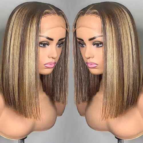 4/27 Highlight Bob Wig Human Hair Straight 13X4 Highlight Bob Lace Front Wigs Human Hair Wear and Go Glueless Wig Pre Plucked 14 Inch Ombre Brown Honey Blonde Hd Lace Frontal Wigs For Black Women