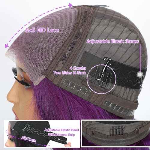 Purple Glueless Wigs Human Hair Pre Plucked With Baby Hair 200% Density Purple 5x5 Body Wave Lace Front Wigs Human Hair for Black Women HD Transparent Lace Frontal Wigs Human Hair 22 Inch
