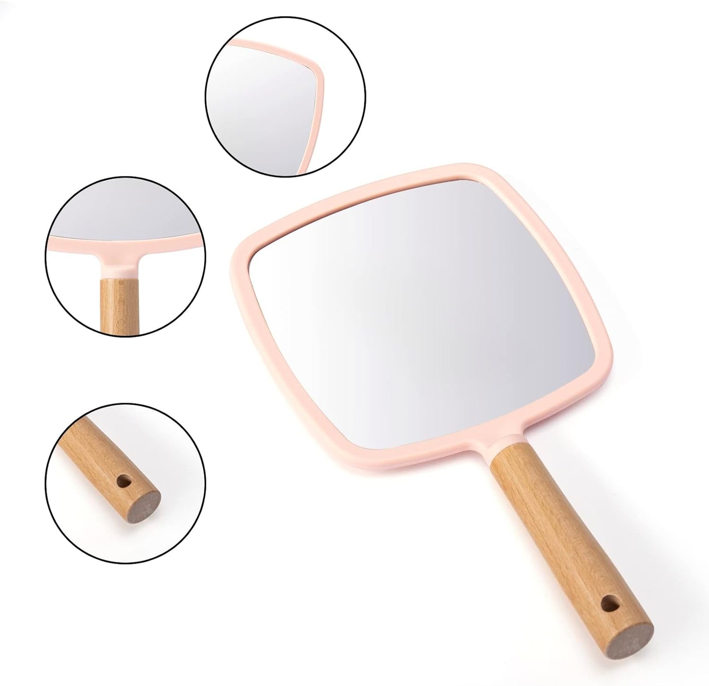 YEAKE Hand Held Mirror with Handle for Makeup,Small Cute Wood Hand Mirror for Shaving with Hole Hanging Single-Sided Portable Travel Vanity Mirror for Men&Women(Square,Pink,1Pack)