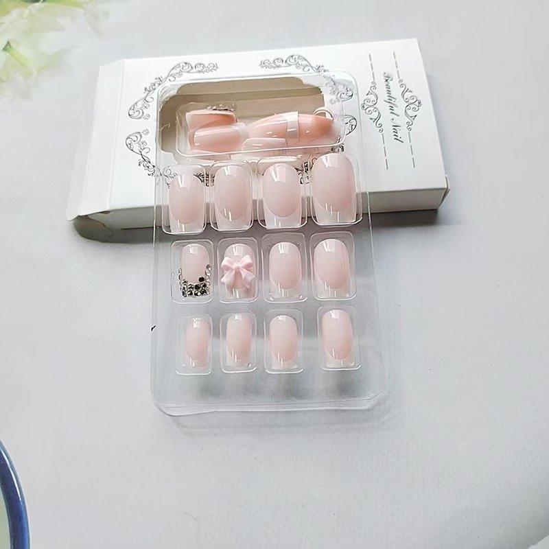 24Pcs White French Tip Press-On Nails - Medium Coffin Design with Bow Charms & Rhinestones | Pink Acrylic Full Cover