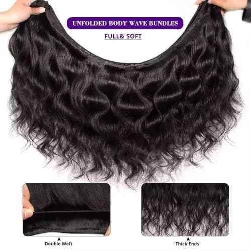 12A Human Hair Bundles 12 14 16 Inch Body Wave Bundles Human Hair 100% Unprocessed Brazilian Virgin Weave 3 Bundle for Women Natural Black Wet and Wavy Human Hair Extensions