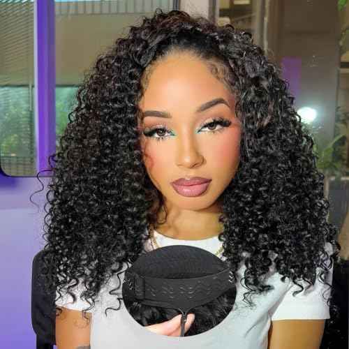 18 Inch Curly Half Wig Human Hair Deep Wave, All Hairstyles In One Curly Half Wigs, Flip Over With Adjustable String Invisilbe Hairline Beginner Friendly Headband Wig 200% Density