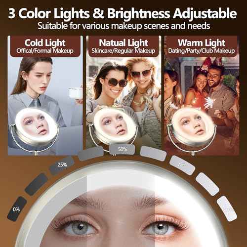 20x Large Lighted Makeup Mirror, Rechargeable 9" Magnifying Makeup Mirror, 30-Minute Timer,3 Color Modes, Adjustable Brightness, No Assembly Required, 360¡Æ Rotation Cosmetic Mirror, Pearl Nickel