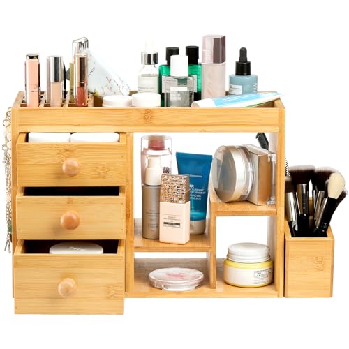 Elsjoy Bamboo Makeup Organizer with 3 Drawers & 12-Grid Lipstick Holder, Desk Bamboo Vanity Jewelry Organizer, Countertop Cosmetic Storage Box Stand with Hooks for Hanging Jewelry