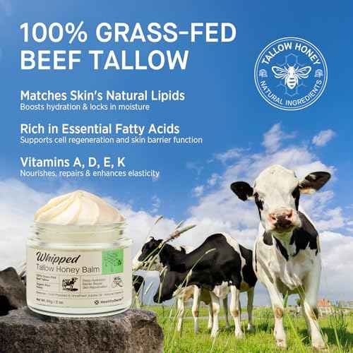 Beef Tallow Honey Balm for Skin: 100% Grass Fed Whipped Organic Moisturizer with Organic Raw Honey, Jojoba Oil, Vitamin E ? Natural Face and Body Care for Mature, Dry or Sensitive Skin, 2oz