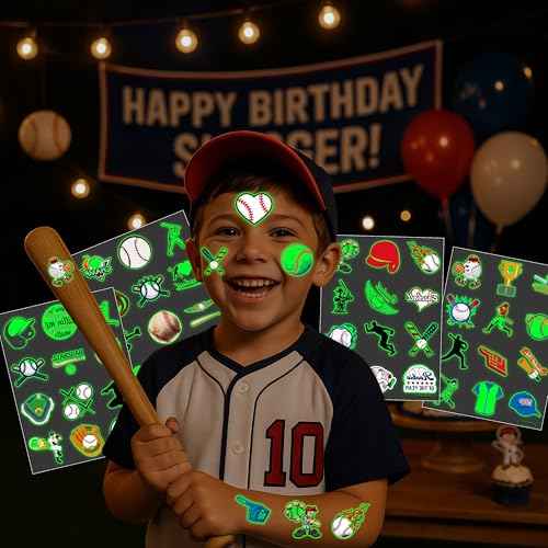 96PCS Baseball Pre-Cut Temporary Tattoos for Kids - Sports Themed Birthday Party Supplies, Fun Stickers for Boys & Girls, Party Favors, School Prizes, Summer Olympic Gifts (Glow in the dart)