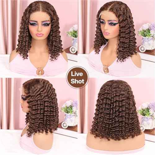 Curly BOB Wig Human Hair 200 Density 5x5 HD Lace Closure Deep Wave Wigs for Black Women Glueless Wear and Go Pre Plucked Deep Wave Wet and Wavy Glueless Wigs Human Hair Chocolate Brown 14 Inch