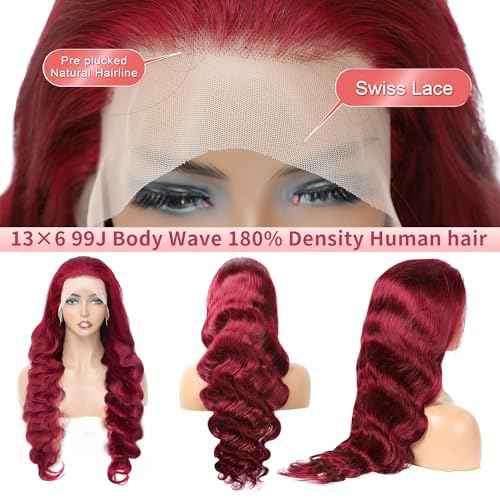 18 Inch Burgundy Lace Front Wigs Human Hair 13x6 99j Body Wave Human Hair Lace Front Wigs Pre Plucked 180 Density,100% Real Human Hair No Synthetic Blend No Tangle No Shedding Triple Lifespan 3