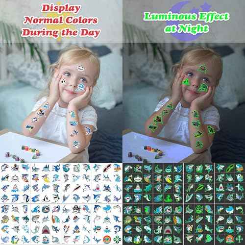 96 PCS Ocean Shark Glow In The Dark Pre-Cut Temporary Tattoos Sticker Sea Animal Birthday Party Decorations Decor Favors Supplies Gifts Boys Girls Cute Fake Tattoo School Reward Themed (Luminous)
