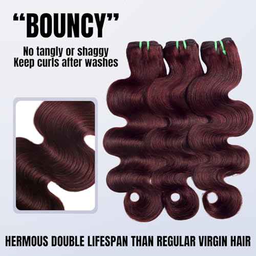 13A Double Drawn 99J Dark Burgundy 3 Bundles Body Wave Human Hair, Double Lifespan Than Regular Hair, Keep Silky And Soft After Washes Colored #99J Wine Cheery Red Bundles Raw Hair 12 14 16 IN