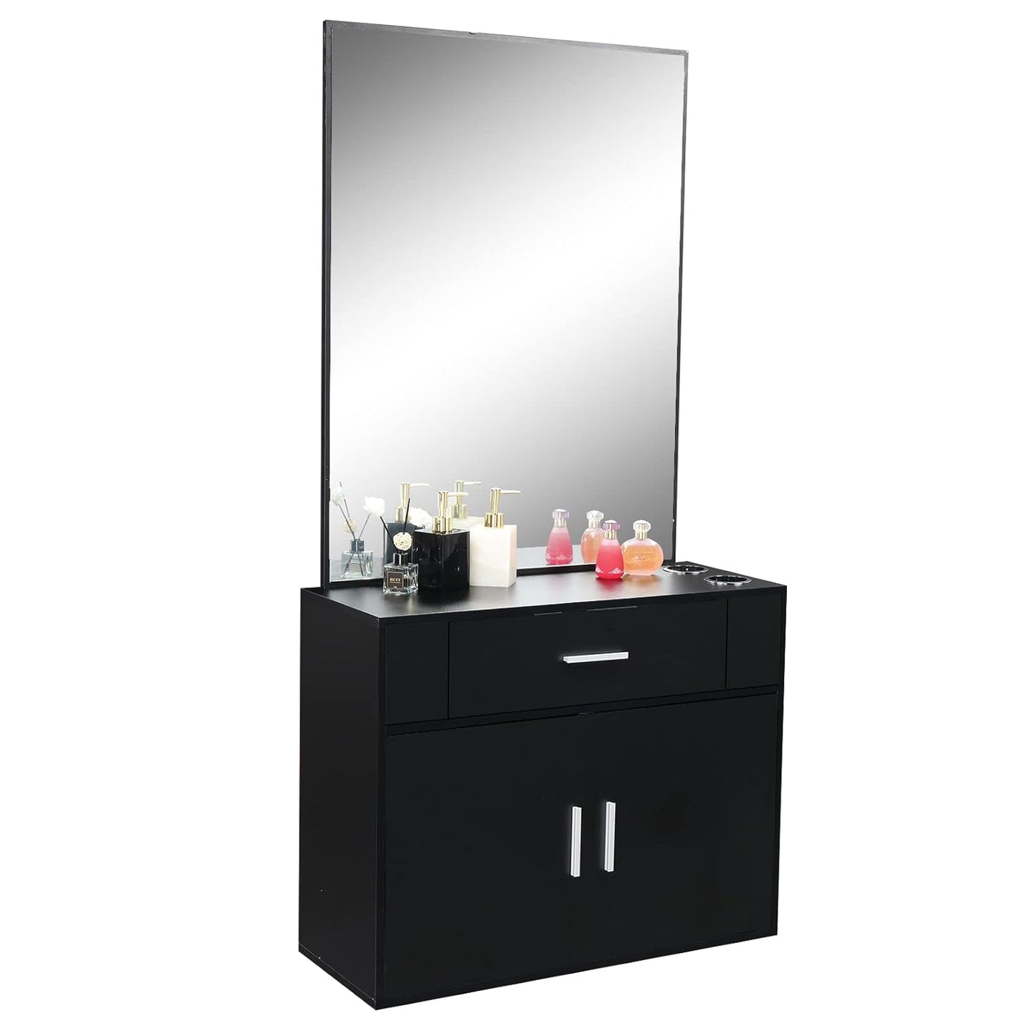 Wall Mount Salon Station - Stylish Barber Station with Mirror, Storage Cabinet & 2 Hair Dryer Holders | Black