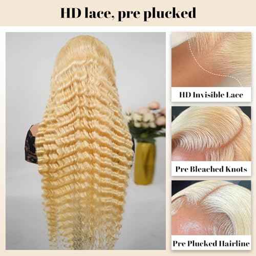 613 Lace Front Wig Human Hair 20 Inch 13x6 Blonde Wig Human Hair 613 Deep Wave HD Lace Frontal Wig 200% Density Long Blonde Curly Wig Water Wave 613 Wig Pre Plucked With Baby Hair for Women