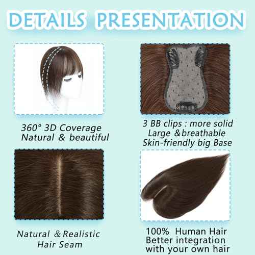 Hair Toppers for Women Real Human Hair, 360¡Æ 3D Toppers Hair Pieces for Women with Thinning Hair 12 Inch Wispy Bangs Realistic Biological Scalp Wiglets (Medium Brown, 7 * 11 Wispy Bangs)