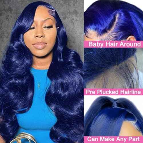 30 Inch Blue Lace Front Wigs Human Hair 13x4 HD Transparent Dark Blue Body Wave Human Hair Lace Front Wigs for Women 180 Density Pre Plcked Lace Frontal Colored Wig with Baby Hair