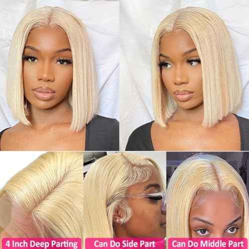 16 Inch Blonde Bob Wig Human Hair Pre Plucked with Baby Hair Straight 613 Bob Wig Human Hair 180 Density 13x4 HD Transparent Lace Blonde Short Wigs 613 Glueless Wigs for Women