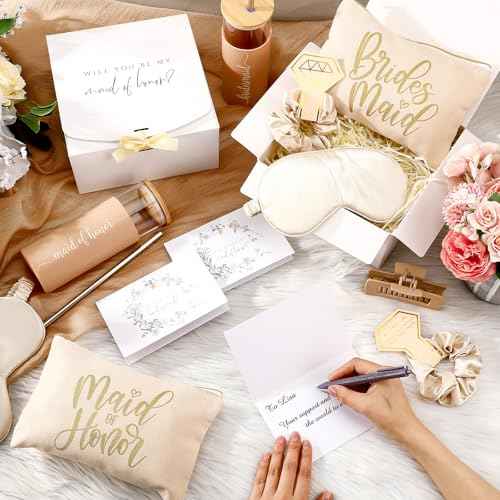 Tioncy 42 Pcs Bridesmaid Proposal Gifts Bridal Shower Wedding Gift Box Makeup Bags Invited Cards Tumblers with Lids and Straw Scrunchies Eye Mask Hair Clips for Maid of Honor(Champagne)