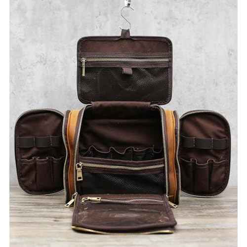 EURYNOME Toiletry Bag For Men, Genuine Leather Toiletries Organizer, Travel Hanging Toiletry Bag Large Water-resistant Bathroom Shaving Kit for Cosmetics, Makeup Case Travel Dopp Kit