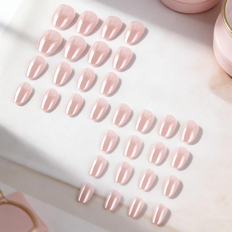 32Pcs Short Almond Press-On Nails - Glossy Nude Pink Acrylic Full Cover | Easy Application