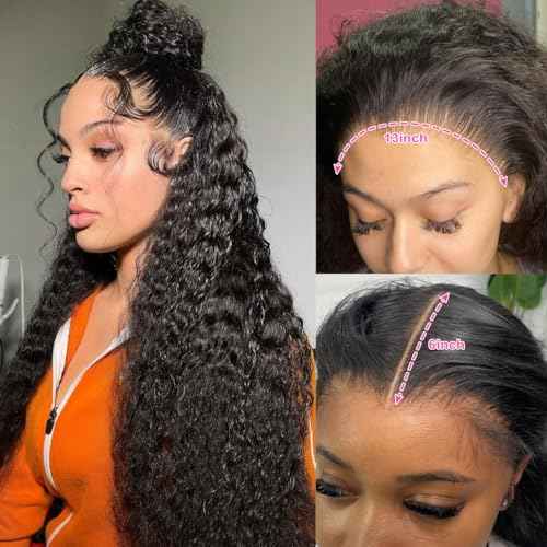 13x6 Deep Wave Lace Front Wigs Lace Frontal Wigs Human Hair for Women Glueless Curly Lace Front Wig Curly Wig Pre Plucked with Baby Hair 180 Density Natural Color 30 Inch