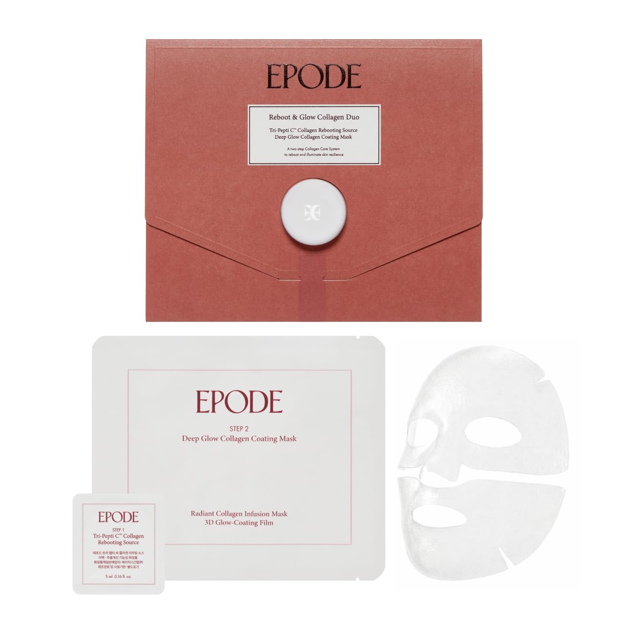 EPODE Reboot & Glow Collagen Duo Hydrating Face Mask | Korean Ampoule & Collagen Mask Set | Korean Masks for Glass Skin | 5mL (0.16 fl. oz.) Ampoule, 1.5g (0.05 oz.) Mask Sheet