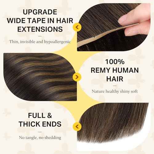 DOORES Hair Extensions Real Human Hair Wide Tape ins, Balayage Dark Brown to Chestnut Brown 20 Inch 10pcs 50g, Tape in Extensions Human Real Remy Invisible Fullness Skin Weft Silky Straight for Woman