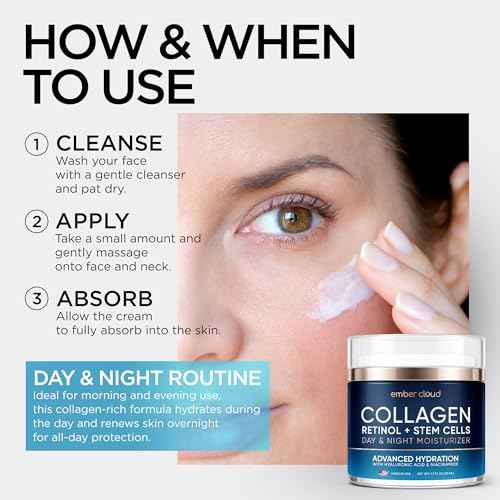 Collagen Face Cream with Stem Cells Retinol Hyaluronic Acid Niacinamide for All Skin Types - Anti-Aging Face Moisturizer with Airless Pump - Day & Night Cream for Wrinkles - Made in USA 1.7 Oz