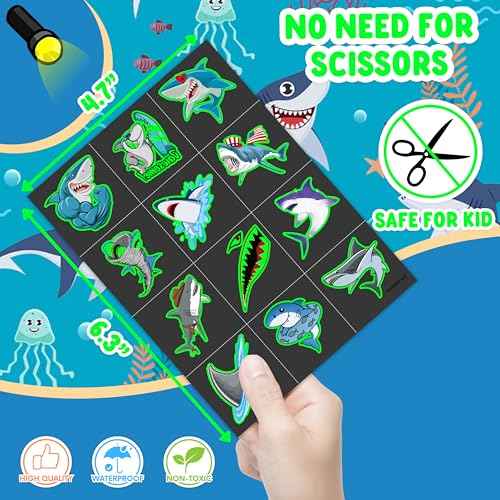 96 PCS Ocean Shark Glow In The Dark Pre-Cut Temporary Tattoos Sticker Sea Animal Birthday Party Decorations Decor Favors Supplies Gifts Boys Girls Cute Fake Tattoo School Reward Themed (Luminous)