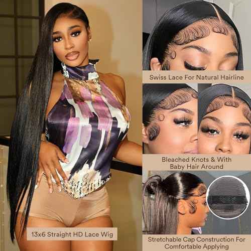 13x6 Straight Lace Front Wigs Human Hair Can Last 12 Months 230 Density Virgin Real Human Wig 13x6 HD Lace Front Wigs Human Hair Pre Plucked Tangle-Free Natural Black for Women (22Inch)