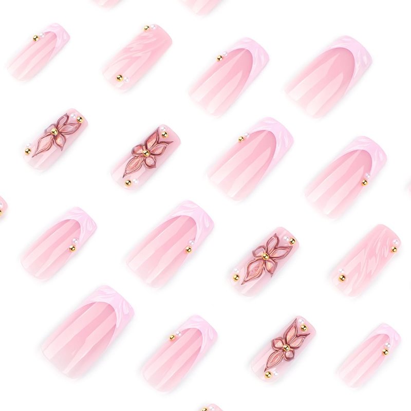 Gold Flower Press-On Nails - Medium Square French Tip with Pink Glossy Finish | 24 Pcs Acrylic Coffin Nails