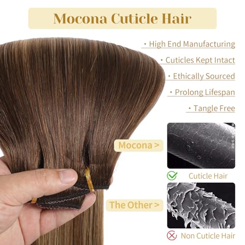 Clip in Hair Extensions Real Human Hair, 16 Inch 7pcs 140g/Pack - Ombre Chocolate Brown to Caramel Blonde, Soft Hair Extensions Real Human Hair Clip ins Straight for Women (16 Inch)